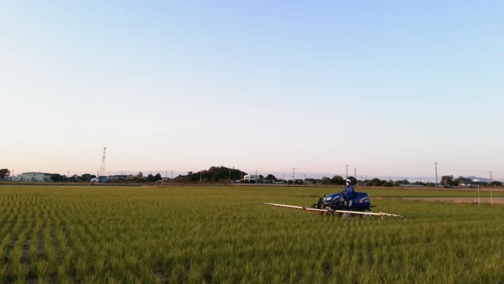 試験圃場に乗用管理機で希釈した納豆菌の力を散布しているところ