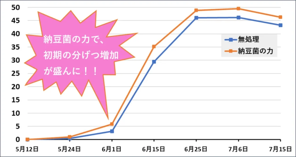 無処理区と試験区で幼穂形成期までの分げつ増加本数を比較したグラフ