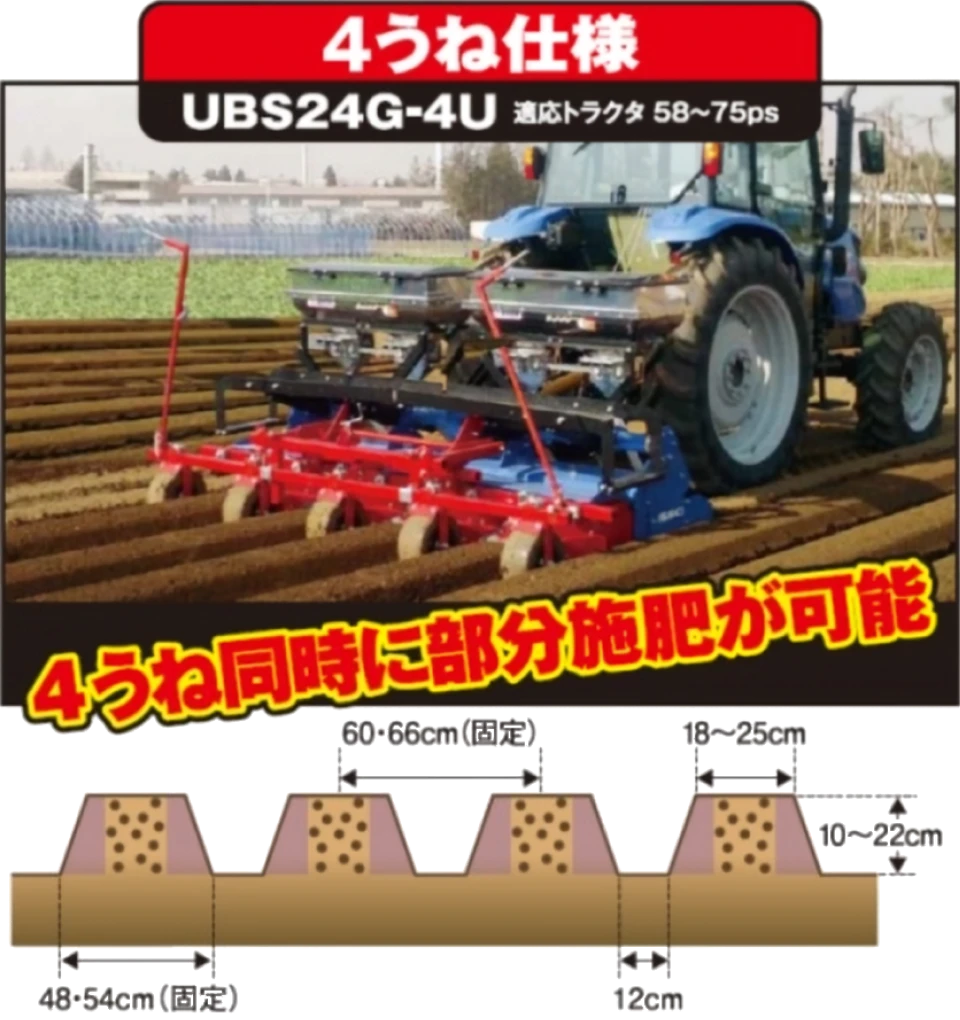 4うね同時に部分施肥が可能な4うね仕様のエコうねまぜ君