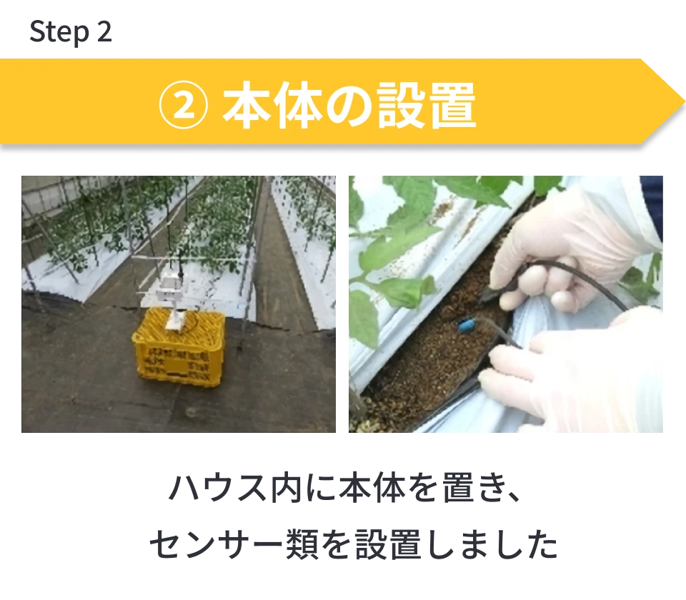 ハウスファーモの設置手順の説明で本体をハウスに設置しているところ