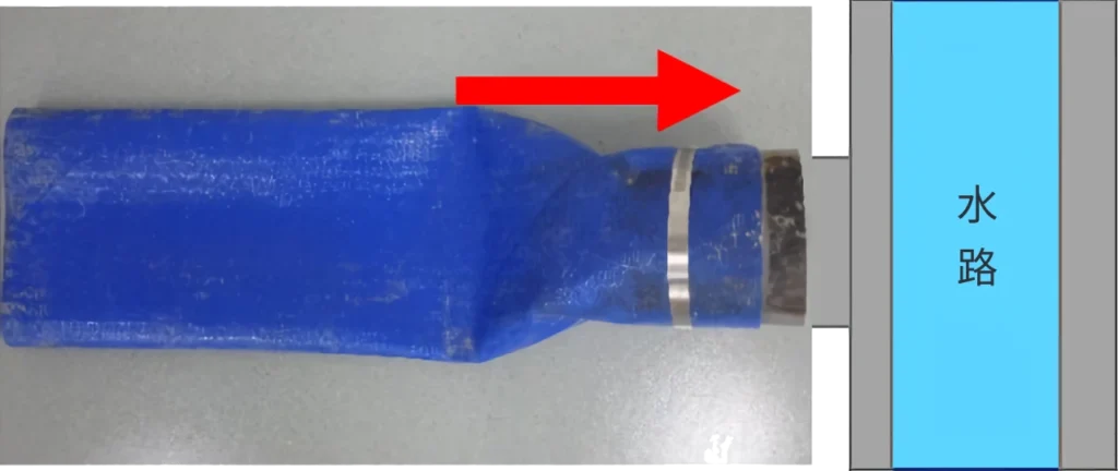 ホースを水路に差し込むところのイメージ図